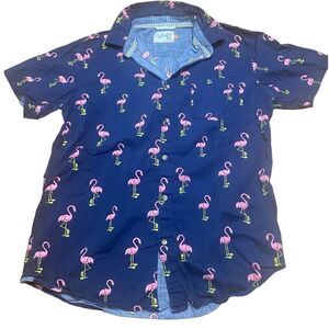 Huntington BC Navy Flamingo Button Down Cotton Collared Shirt Mens Size Large